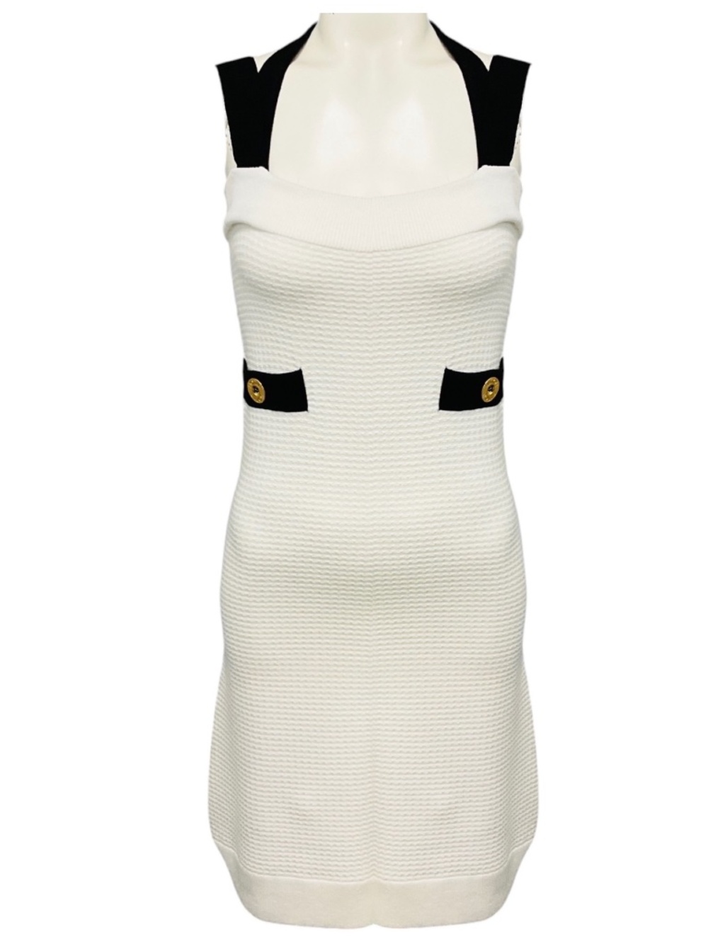 PATOU WHITE / BLACK 3D KNIT DOUBLE STRAP MINI DRESS